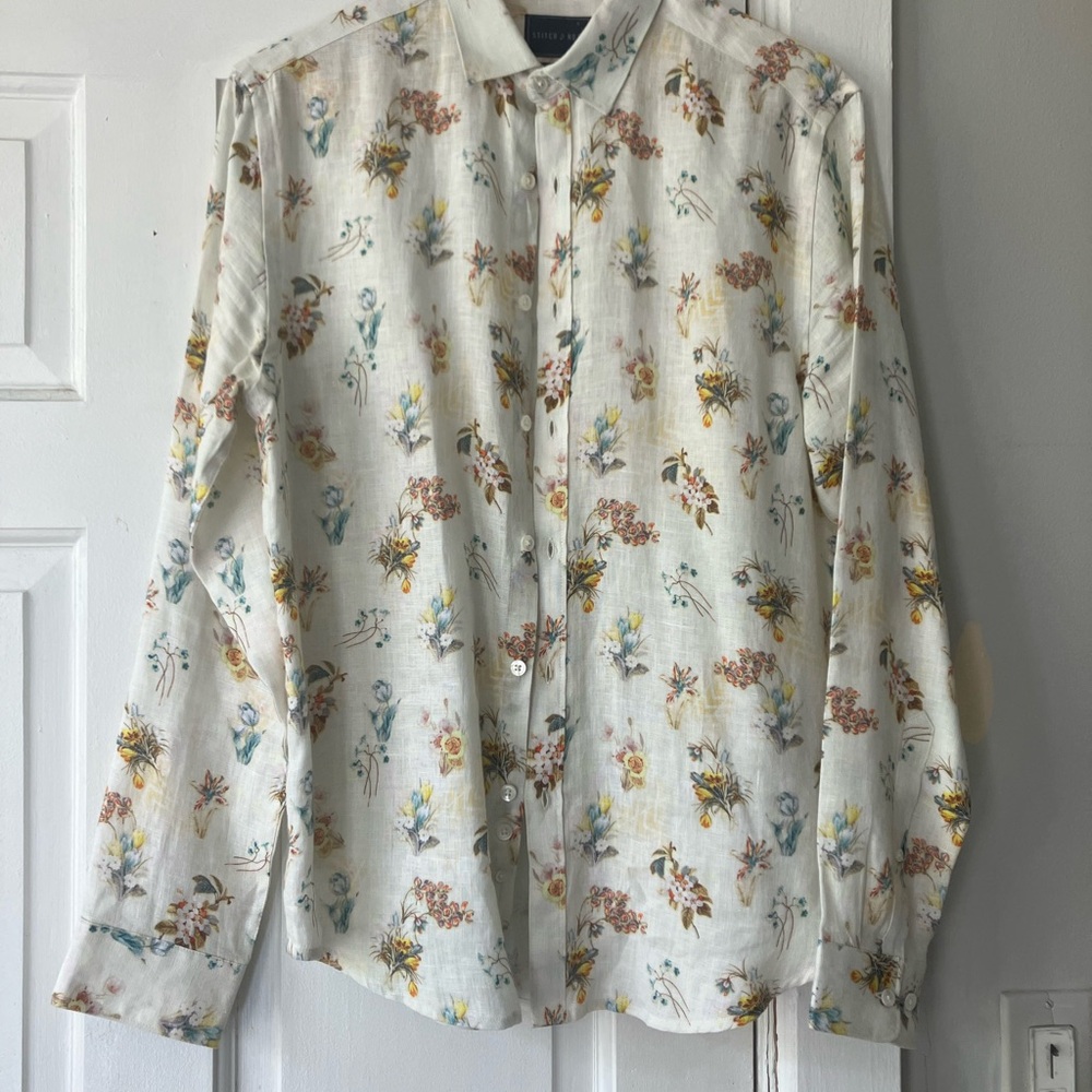Stitch Note Cream Floral Button-Down Shirt with Yellow, Blue & Brown Blossoms